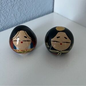 Japanese Ouchi Pair of Hina Lacquer Wood Round Doll